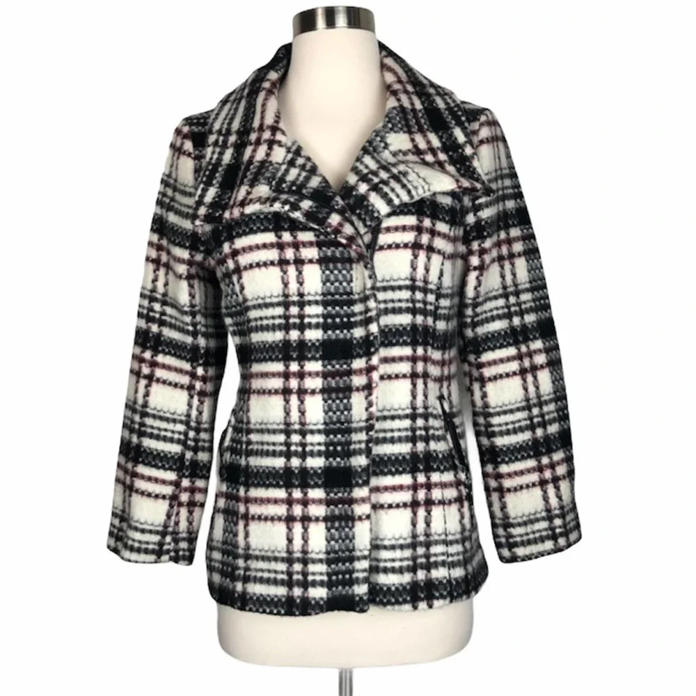 Soia & Kyo White Black & Red Plaid Preppy Moto Punk Designer Wool Coat Jacket XS